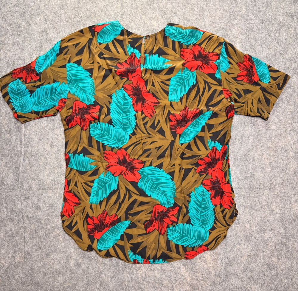 Vintage Chaus 100% Silk Blouse Womens M Tropical Floral Hibiscus Short Sleeve To
